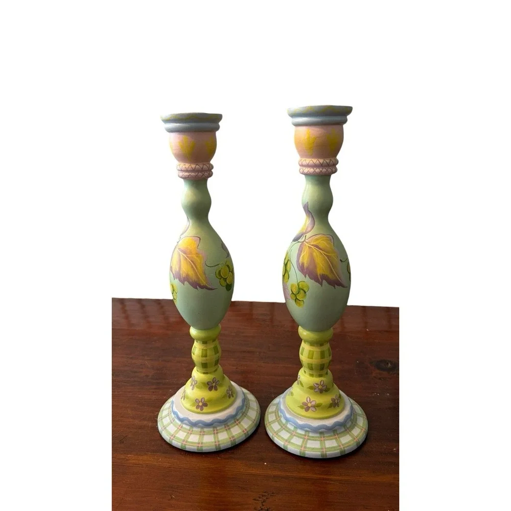Vtg Tracy Porter Wood Candle Sticks Hand Painted 2/87 Pair Floral Signed 15